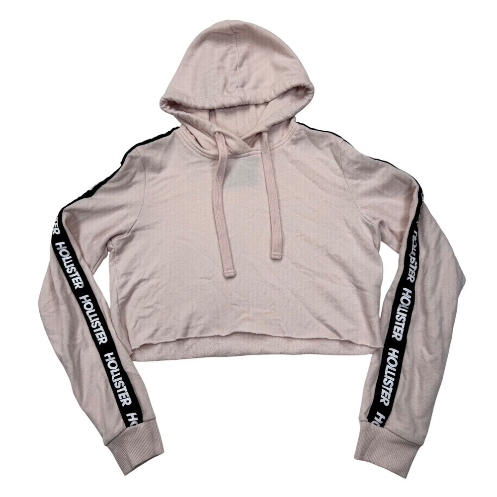 Hollister California Womens Light Pink Cropped Hoodie Logo Tape Sleeve Small